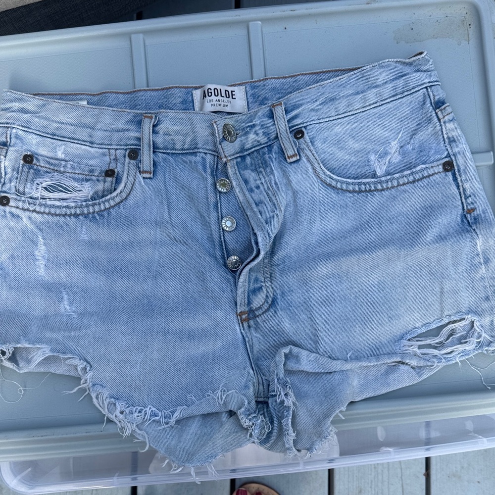 Agolde Distressed Light Blue Jean Shorts